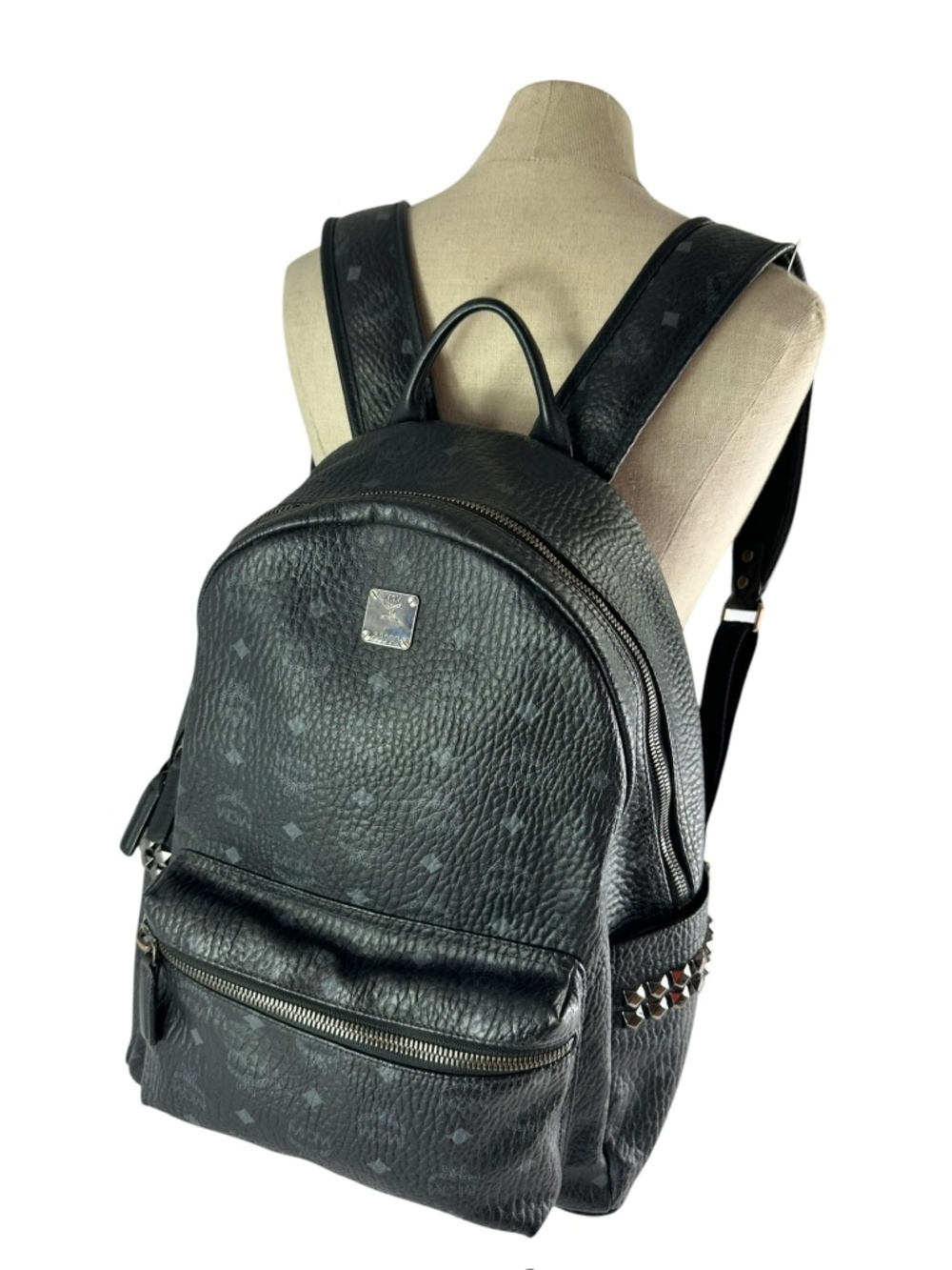 Genuine MCM Monogram Stark Side Studs Visetos Black Backpack Logo Unisex
